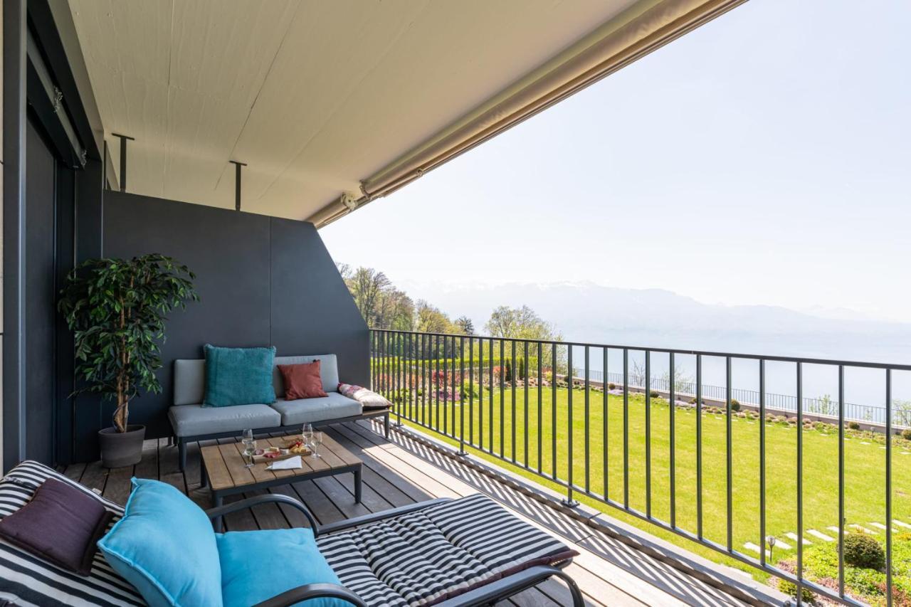 Les Terrasses De Lavaux 1 - Appartement De Luxe Avec Vue Panoramique Et Piscine Puidoux Exterior foto